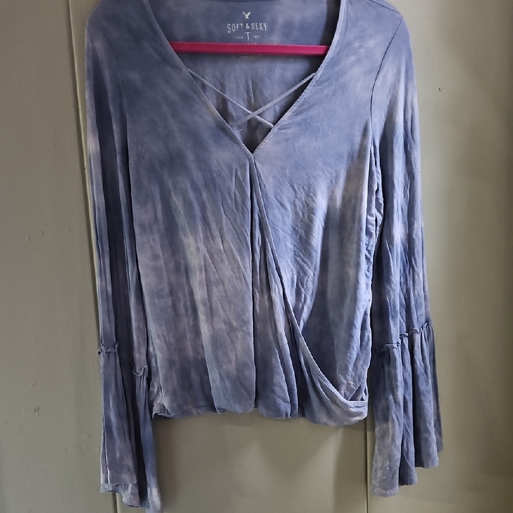 American Eagle Outfitters Gray Bell Sleeve Wrap Blouse